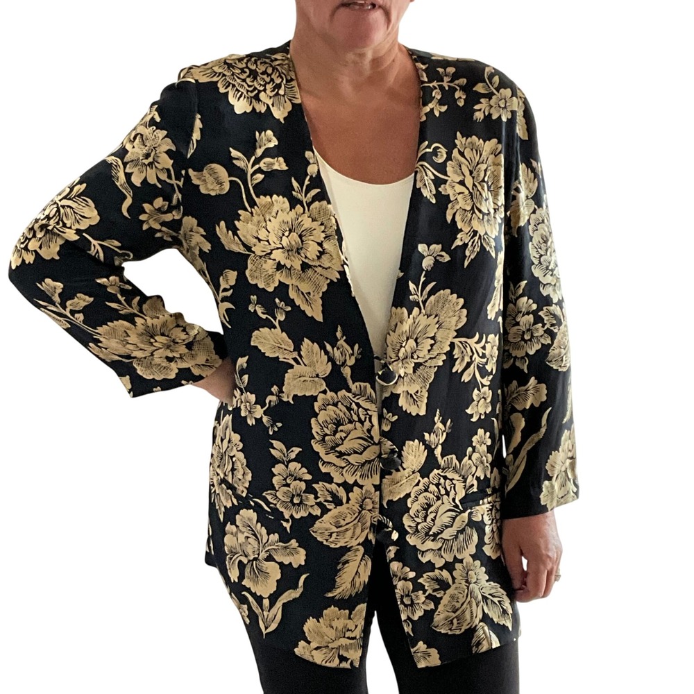 Mary Ann Restivo Floral Silk Blazer Jacket Womens 12 Black Beige Vintage Elegant